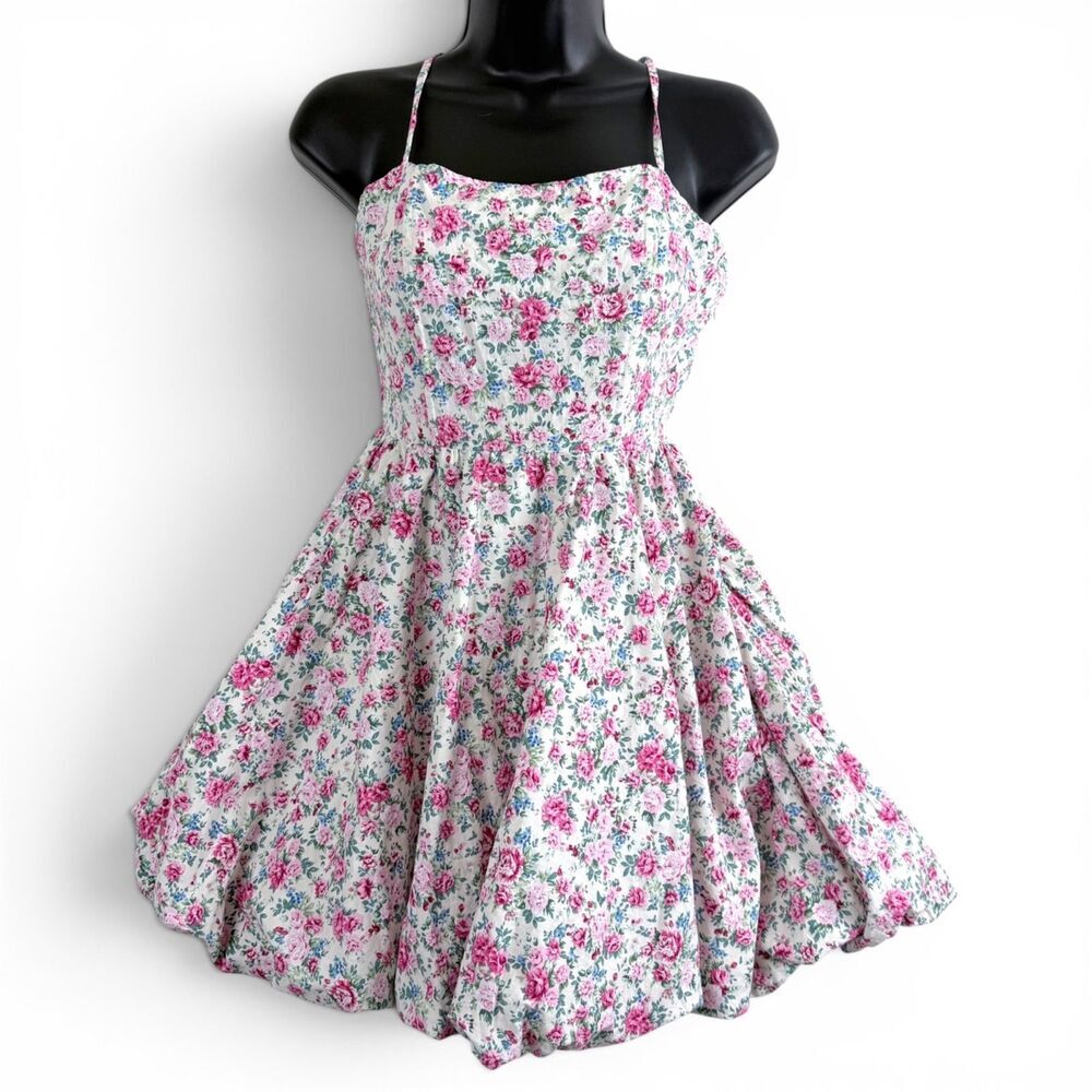 mable floral corset bodice mini bubble hem fairycore white, pink women's dress S